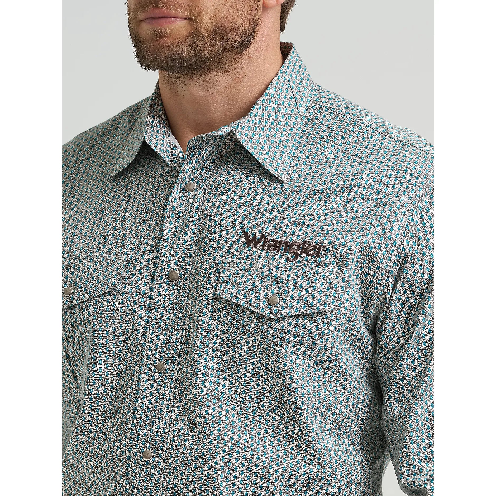Men's Wrangler Logo Long Sleeve Western Snap Shirt-Peacock