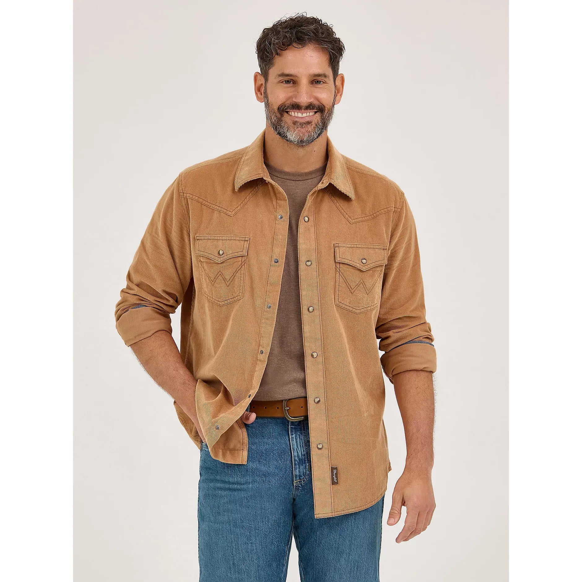 Men's Wrangler Retro® Premium Long Sleeve Western Snap Corduroy Shirt-Sandy Brown