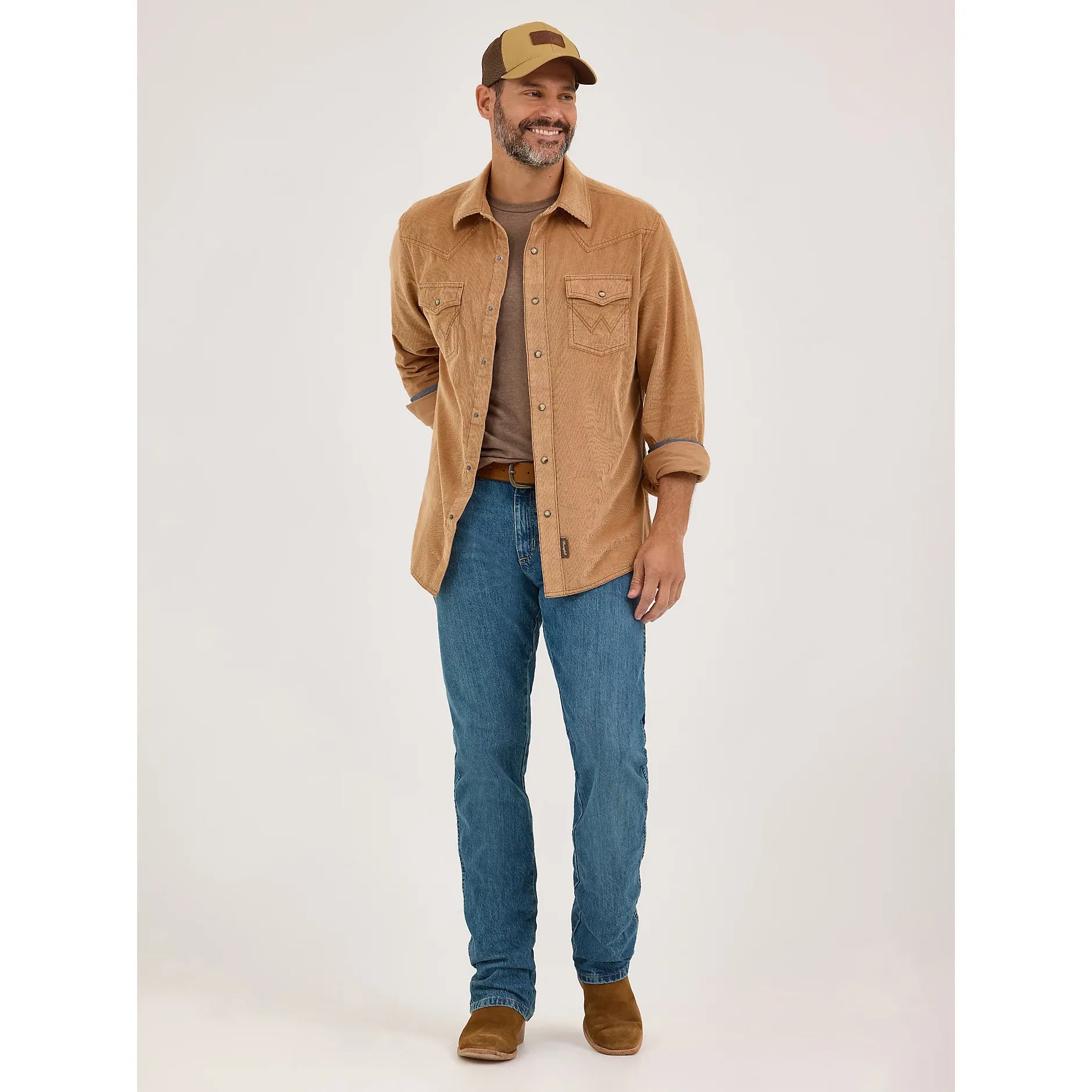 Men's Wrangler Retro® Premium Long Sleeve Western Snap Corduroy Shirt-Sandy Brown