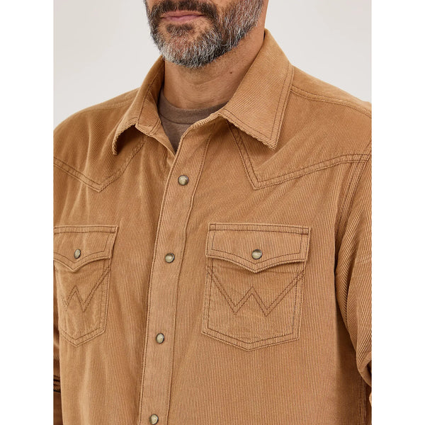 Men's Wrangler Retro® Premium Long Sleeve Western Snap Corduroy Shirt-Sandy Brown
