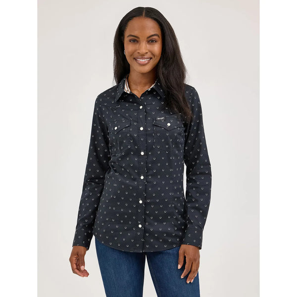 Women's Wrangler All Occasion Western Snap Shirt-Horseshoe Black