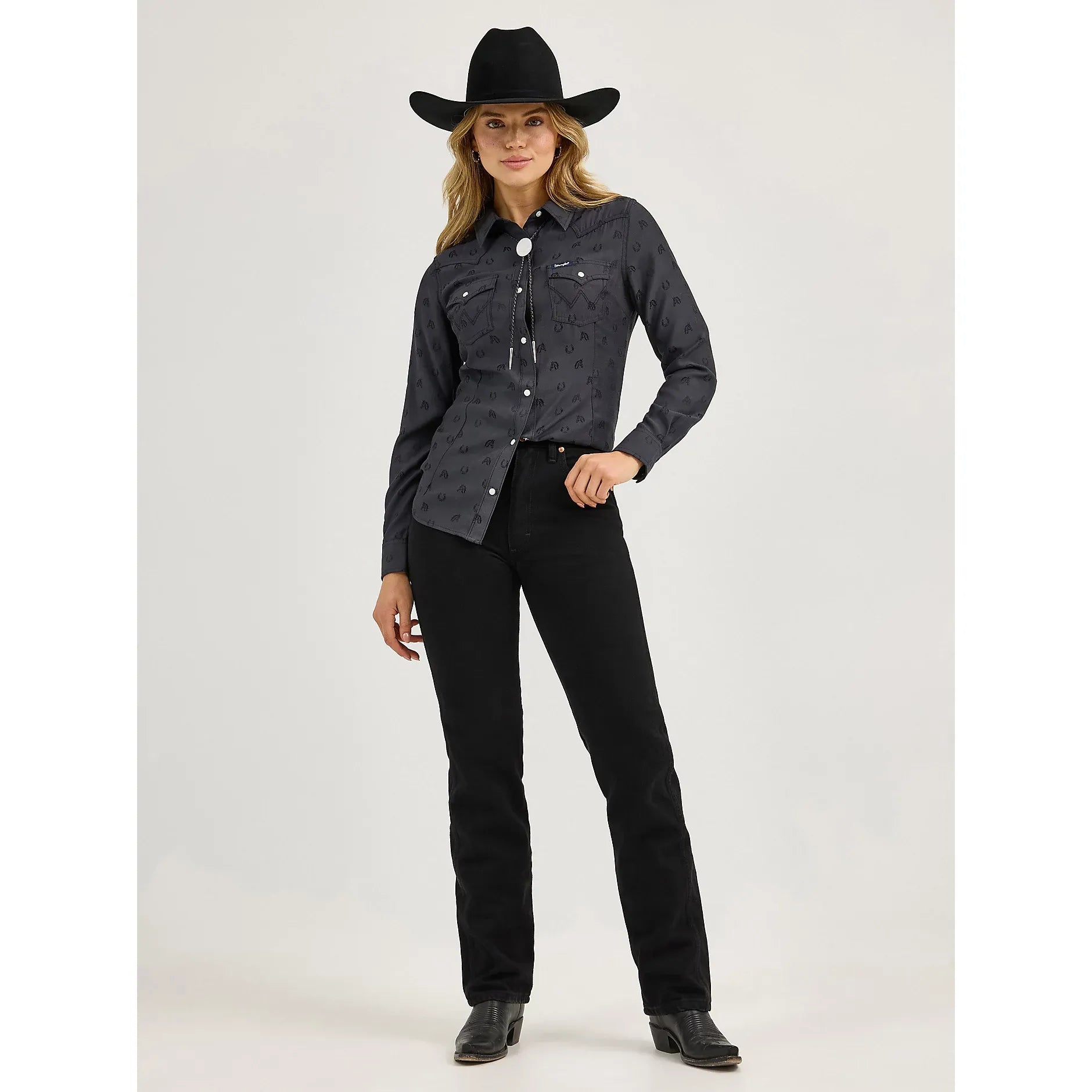 Women's Wrangler All Occasion Western Snap Shirt-Subtle Black Horses