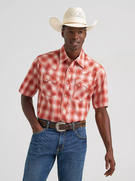 Men's Wrangler Retro Short Sleeve Sawtooth Pocket Western Snap Shirt-Burnt Orange