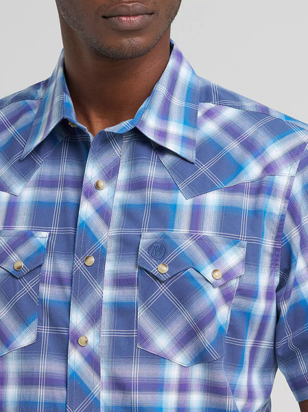 Men's Wrangler Retro Short Sleeve Sawtooth Pocket Western Snap Shirt-Navy Orchid