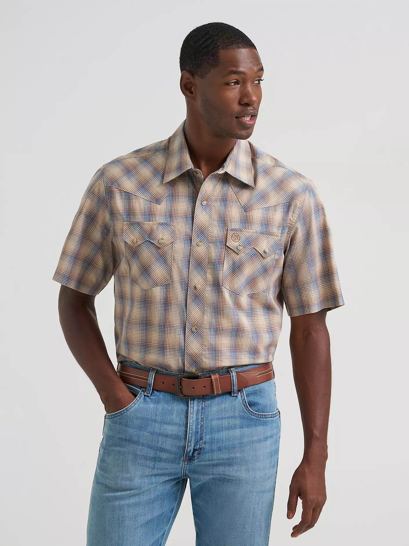 Men's Wrangler Retro Short Sleeve Sawtooth Pocket Western Snap Shirt-Dust Bowl