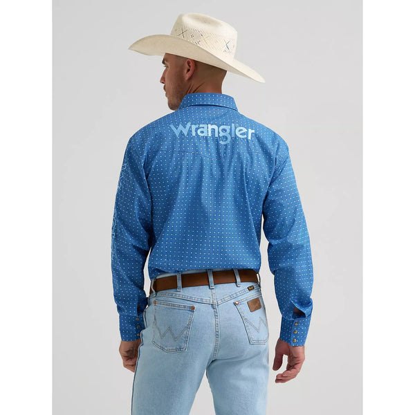Men's Wrangler Logo Long Sleeve Western Snap Shirt-Dark Blue - CWesternwear