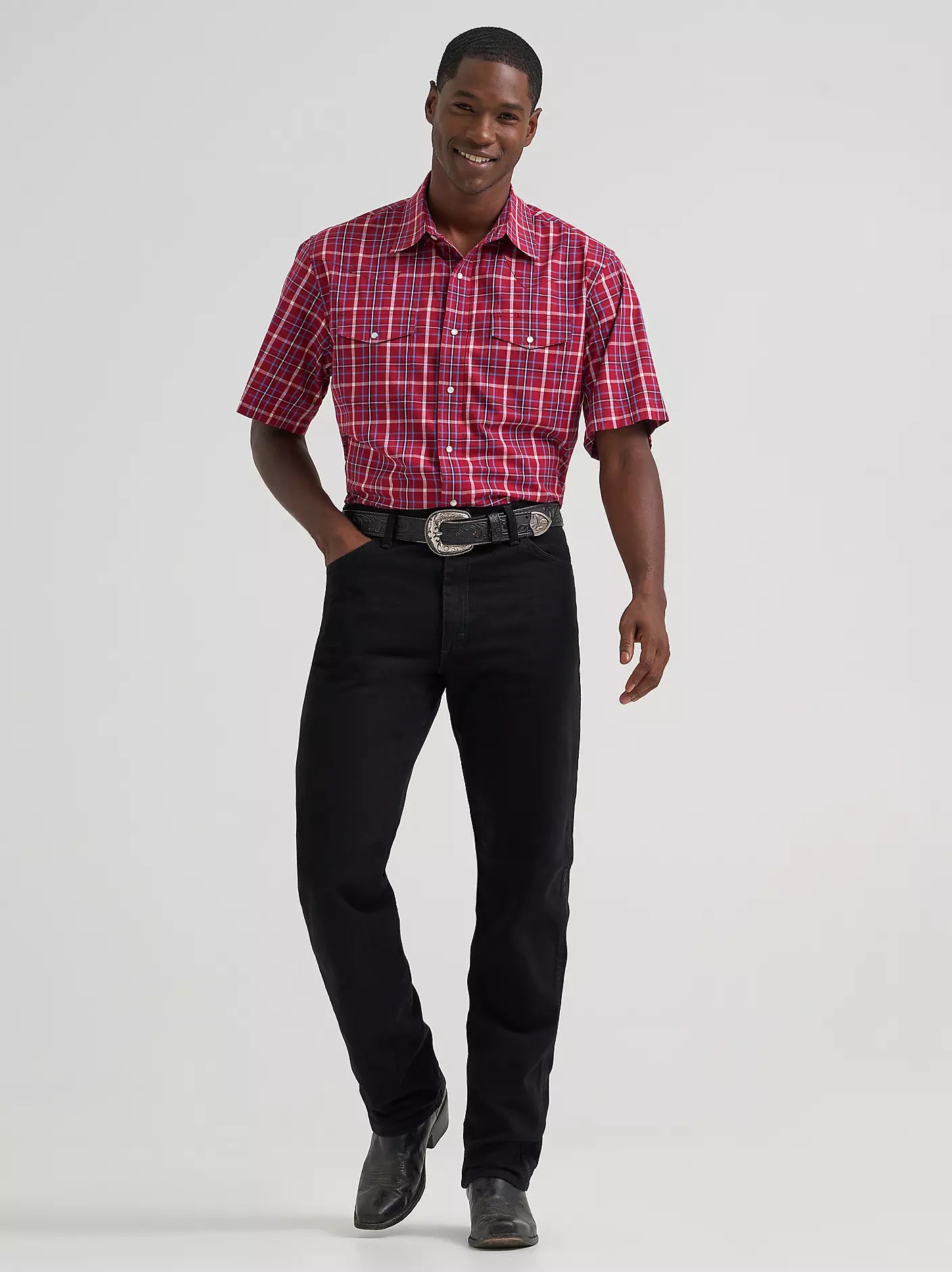 Men's Wrangler Wrinkle Resist Short Sleeve Western Snap Plaid Shirt-Deep Cherry