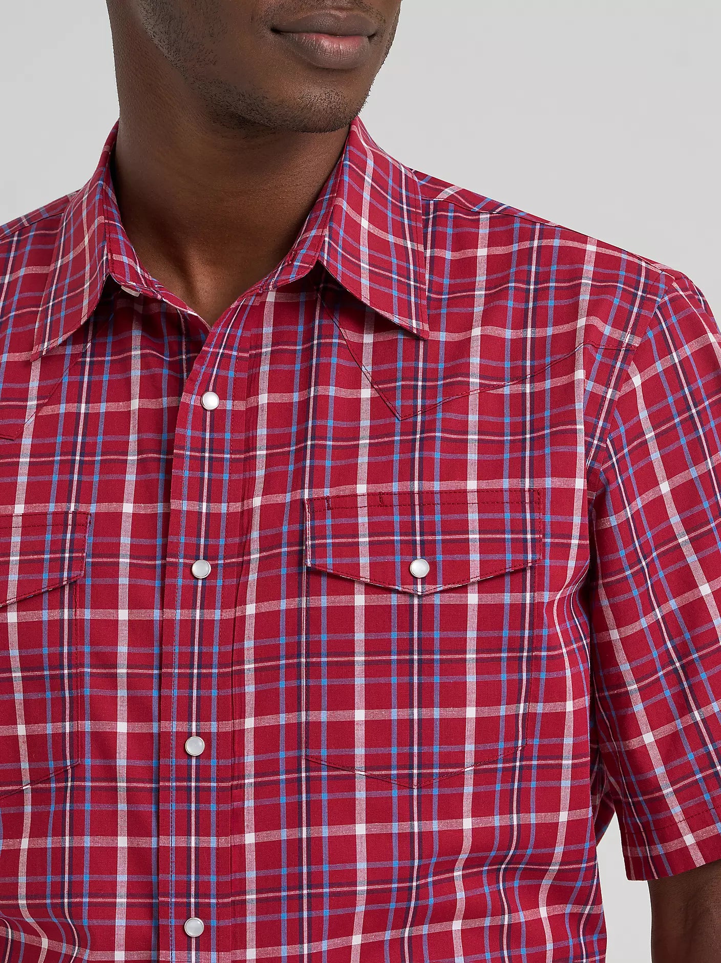 Men's Wrangler Wrinkle Resist Short Sleeve Western Snap Plaid Shirt-Deep Cherry
