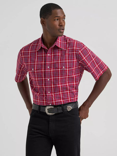 Men's Wrangler Wrinkle Resist Short Sleeve Western Snap Plaid Shirt-Deep Cherry