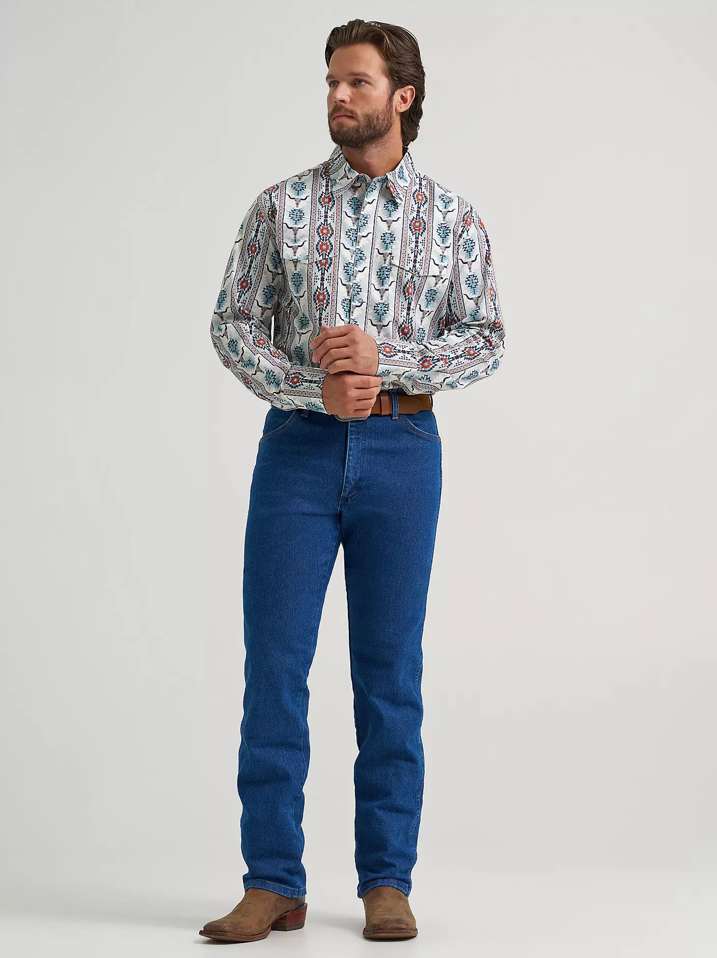 Men's Wrangler Checotah® Long Sleeve Western Snap Printed Shirt-Gray Steerhead