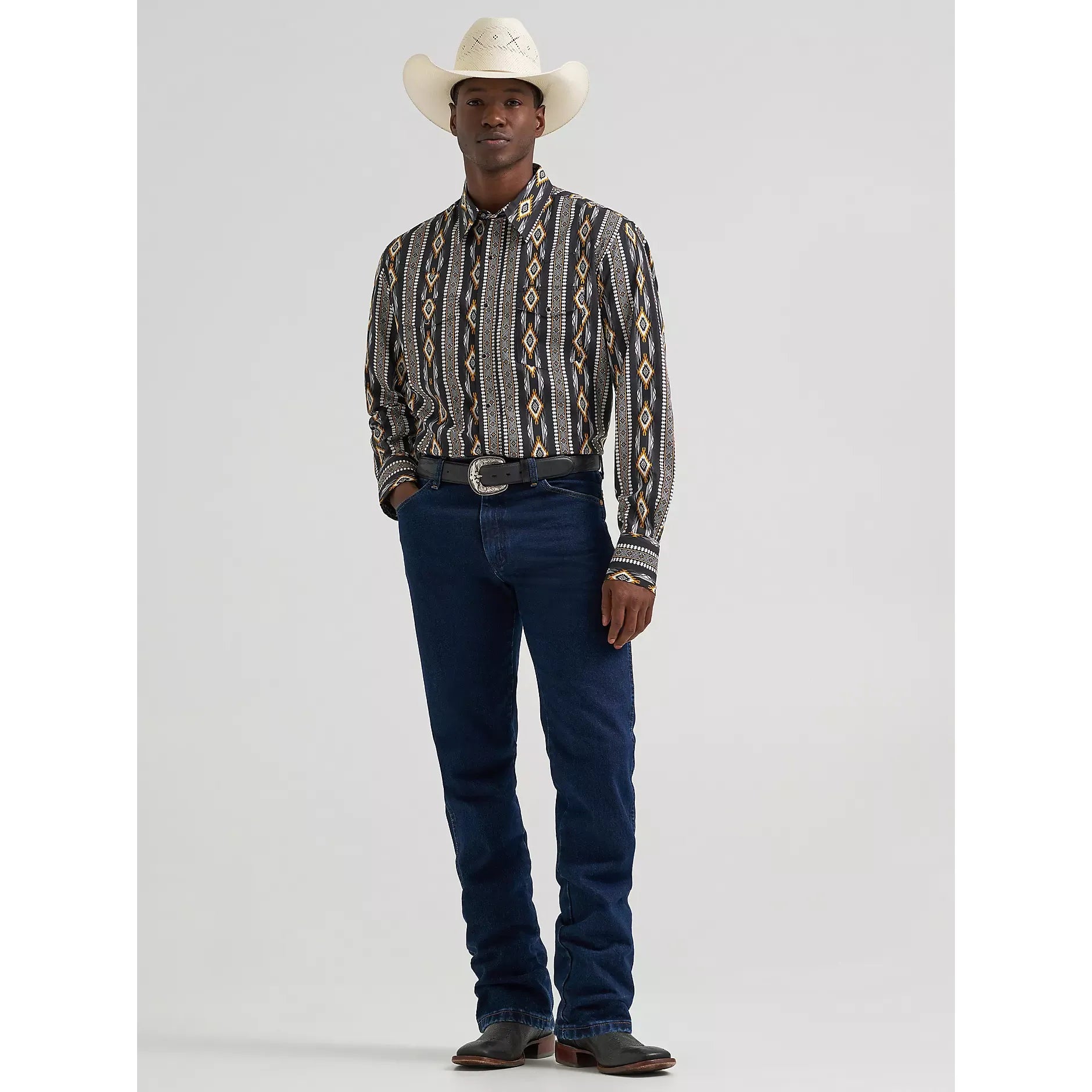 Men's Wrangler Checotah® Long Sleeve Western Snap Printed Shirt-Crow Black