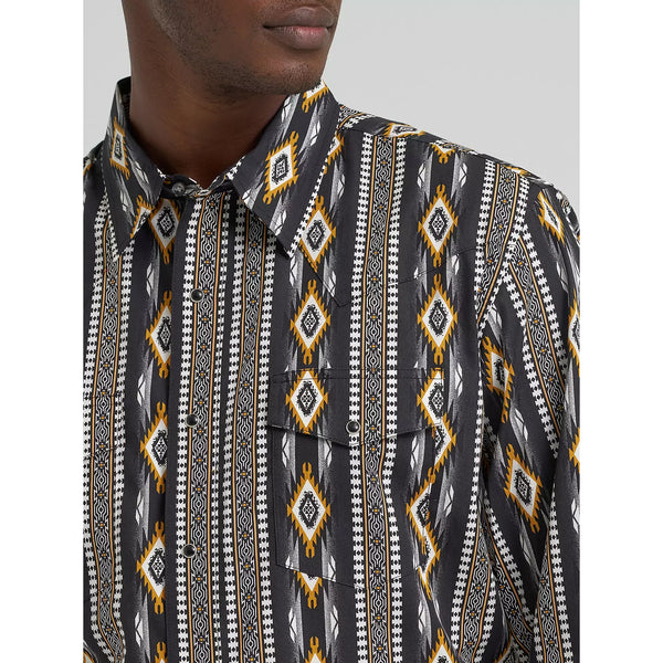 Men's Wrangler Checotah® Long Sleeve Western Snap Printed Shirt-Crow Black