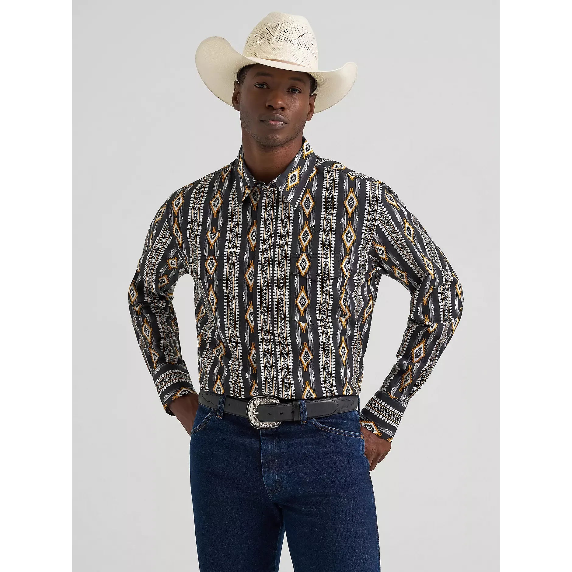 Men's Wrangler Checotah® Long Sleeve Western Snap Printed Shirt-Crow Black