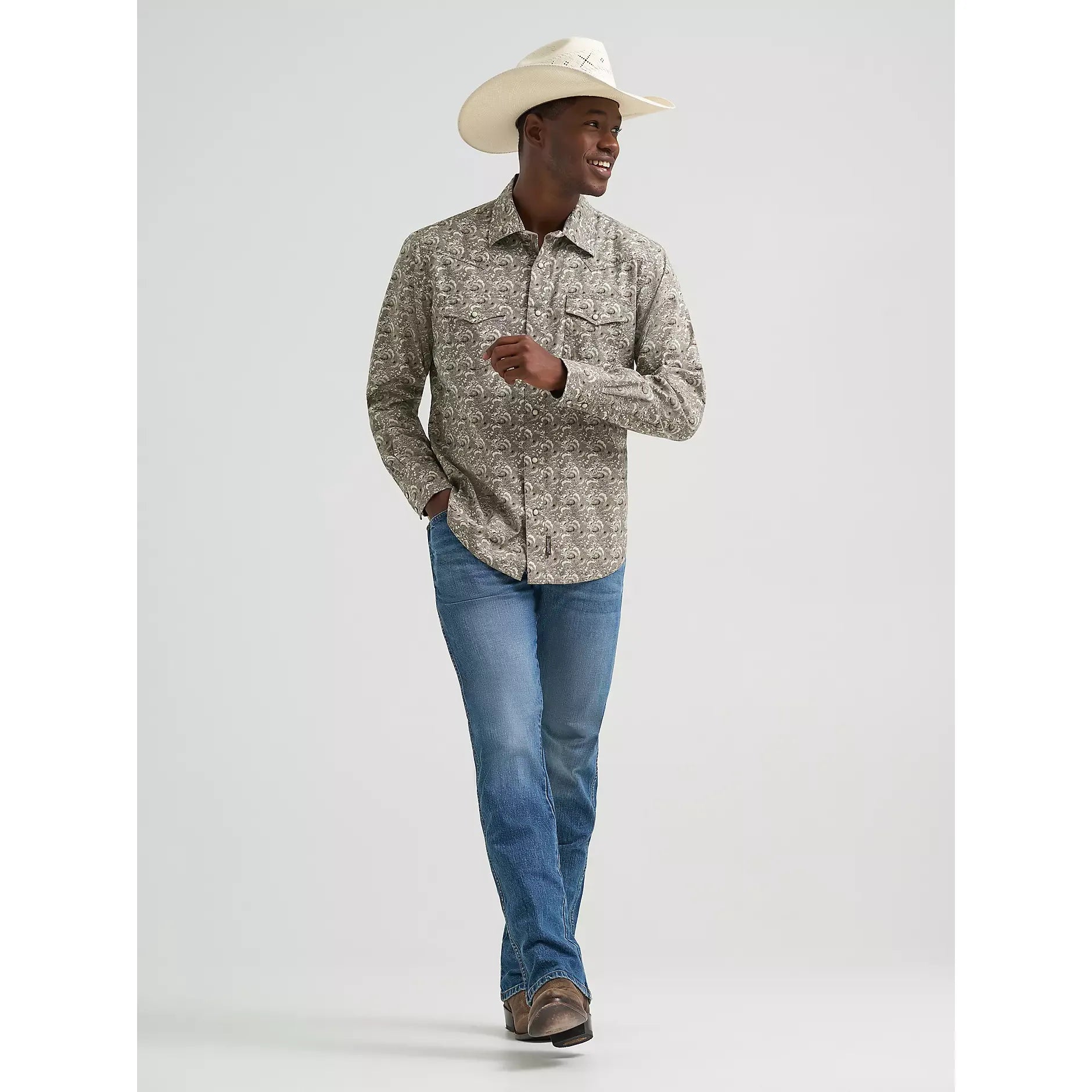 Men's Wrangler Retro Premium Long Sleeve Western Snap Printed Shirt-Taupe Feather