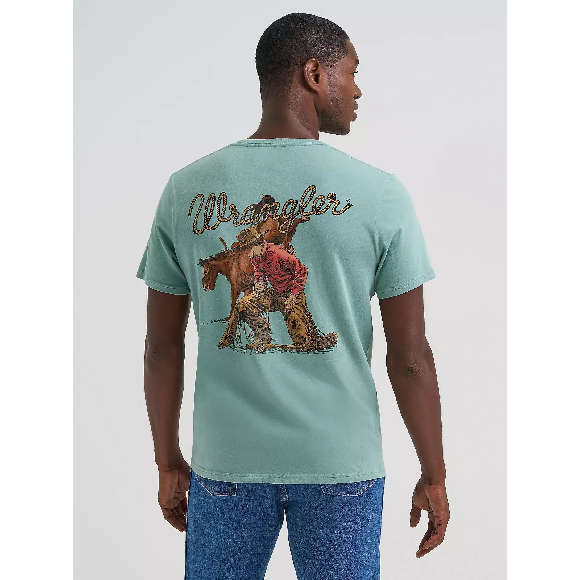 Men's Wrangler Kneeling Cowboy Back Graphic T-Shirt-Oil Blue