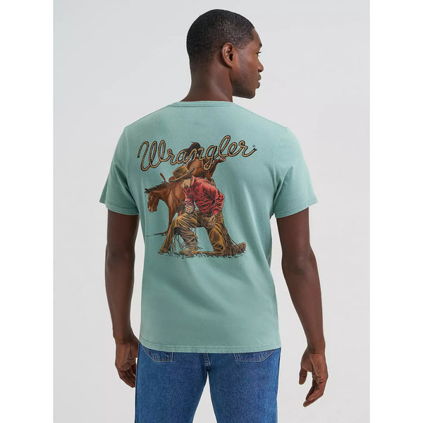 Men's Wrangler Kneeling Cowboy Back Graphic T-Shirt-Oil Blue