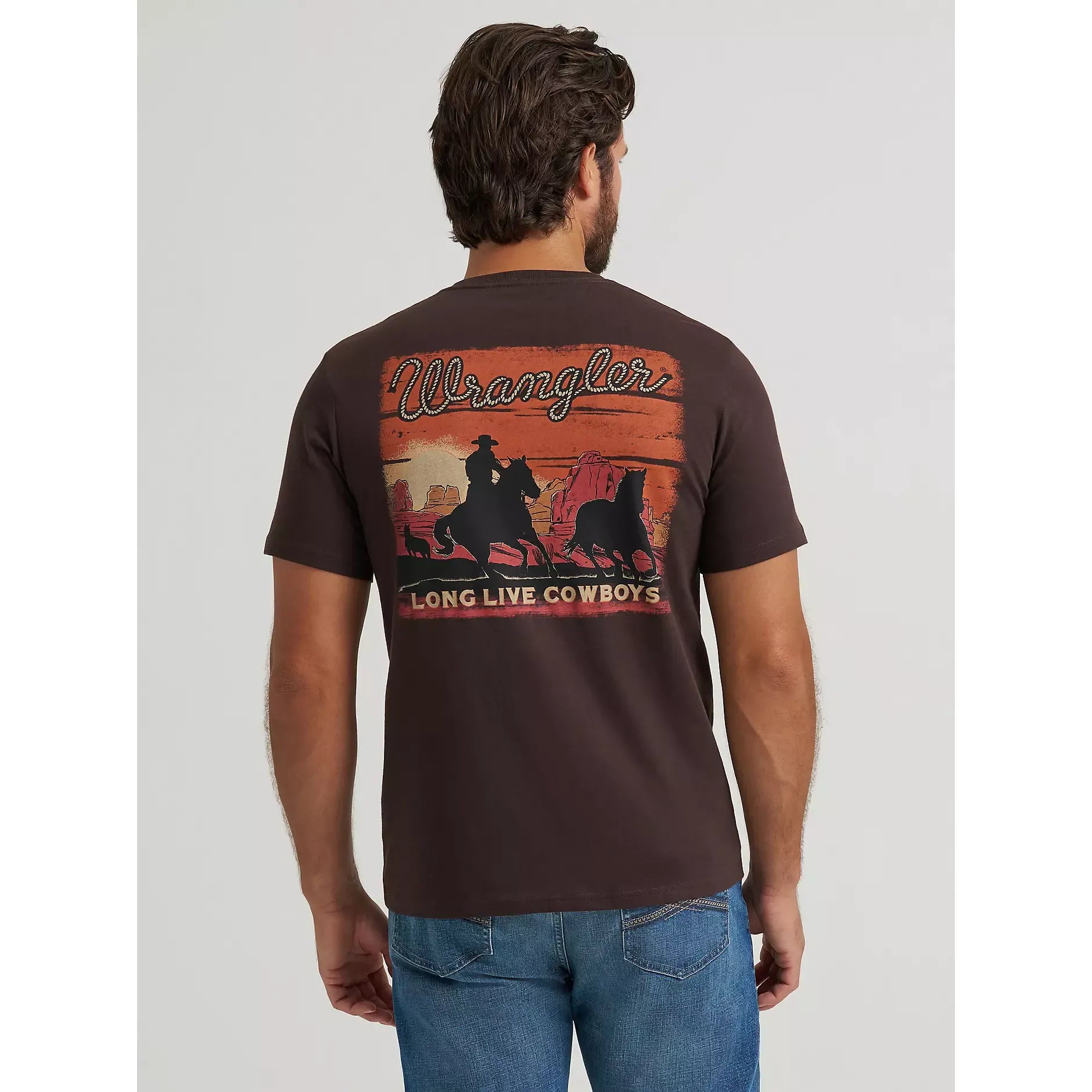 Men's Wrangler Cowboy At Sunset Graphic T-Shirt-Mole Brown - CWesternwear