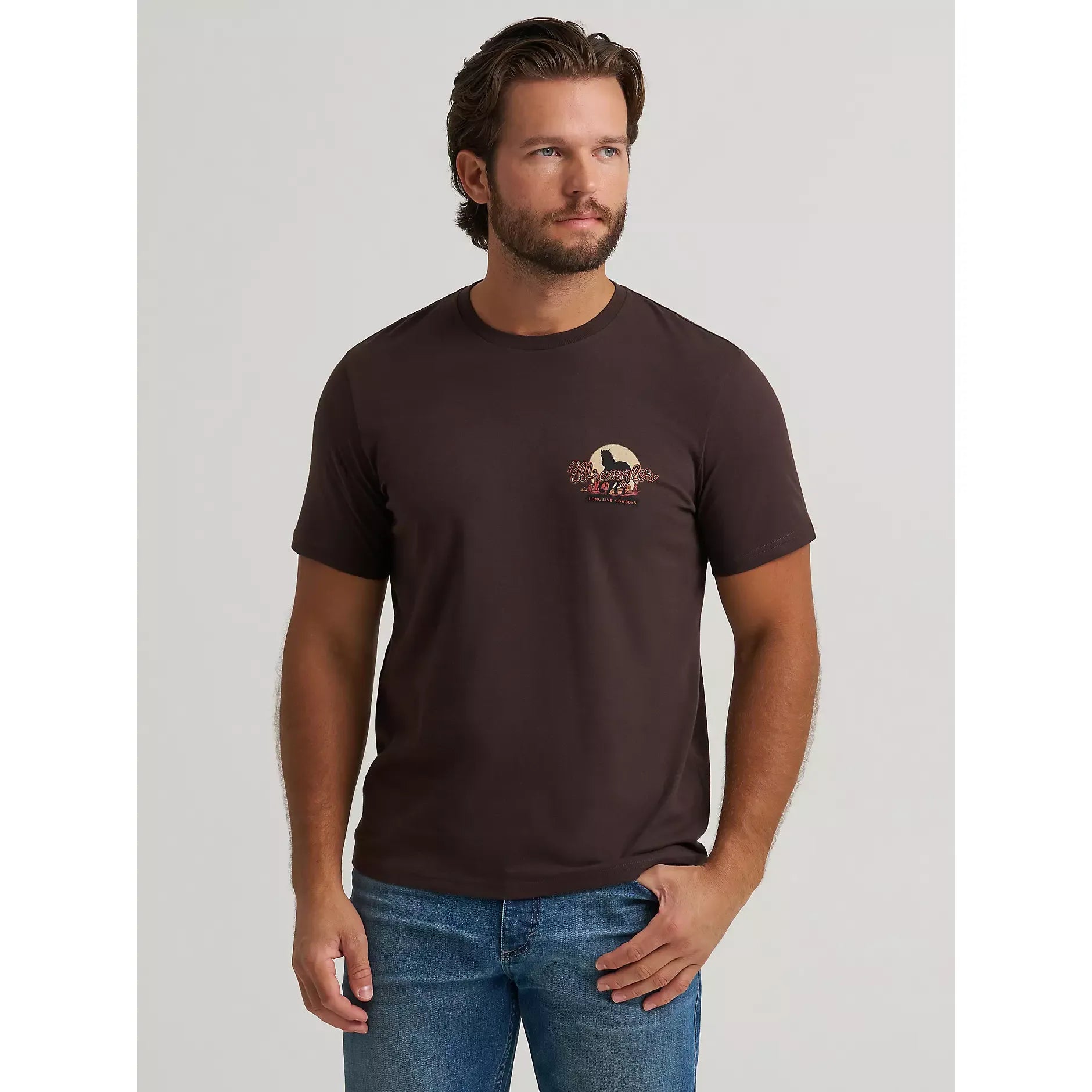 Men's Wrangler Cowboy At Sunset Graphic T-Shirt-Mole Brown - CWesternwear