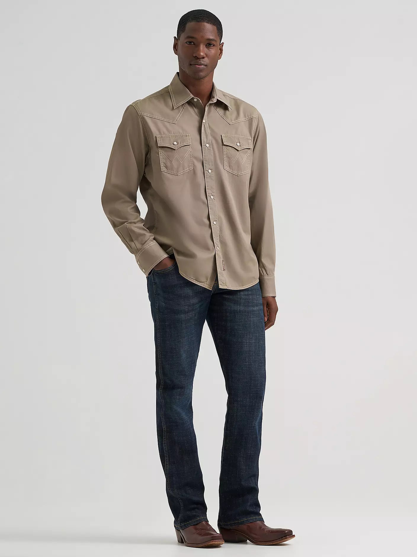 Men's Wrangler Retro® Premium Long Sleeve Western Snap Solid Shirt-Tan - CWesternwear