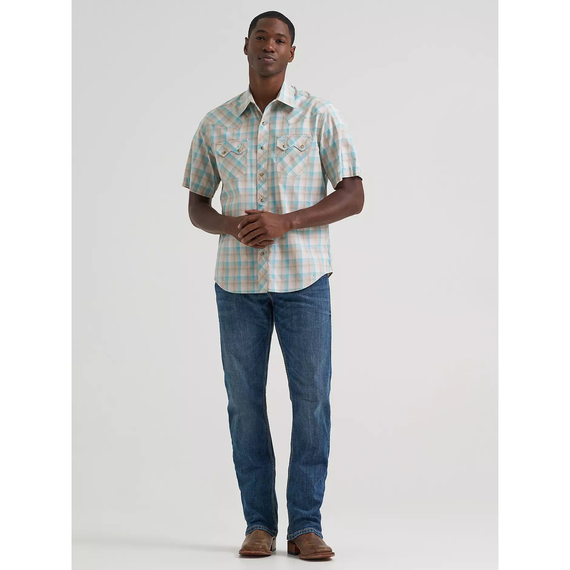 Men's Wrangler Retro Short Sleeve Sawtooth Pocket Western Snap Shirt-Tan Light - CWesternwear