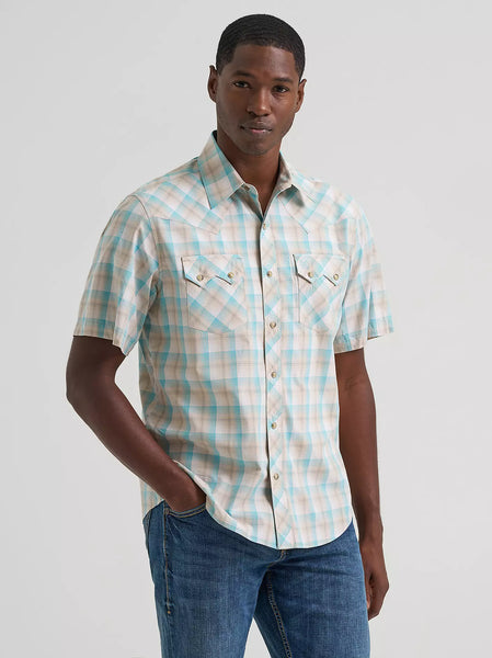Men's Wrangler Retro Short Sleeve Sawtooth Pocket Western Snap Shirt-Tan Light