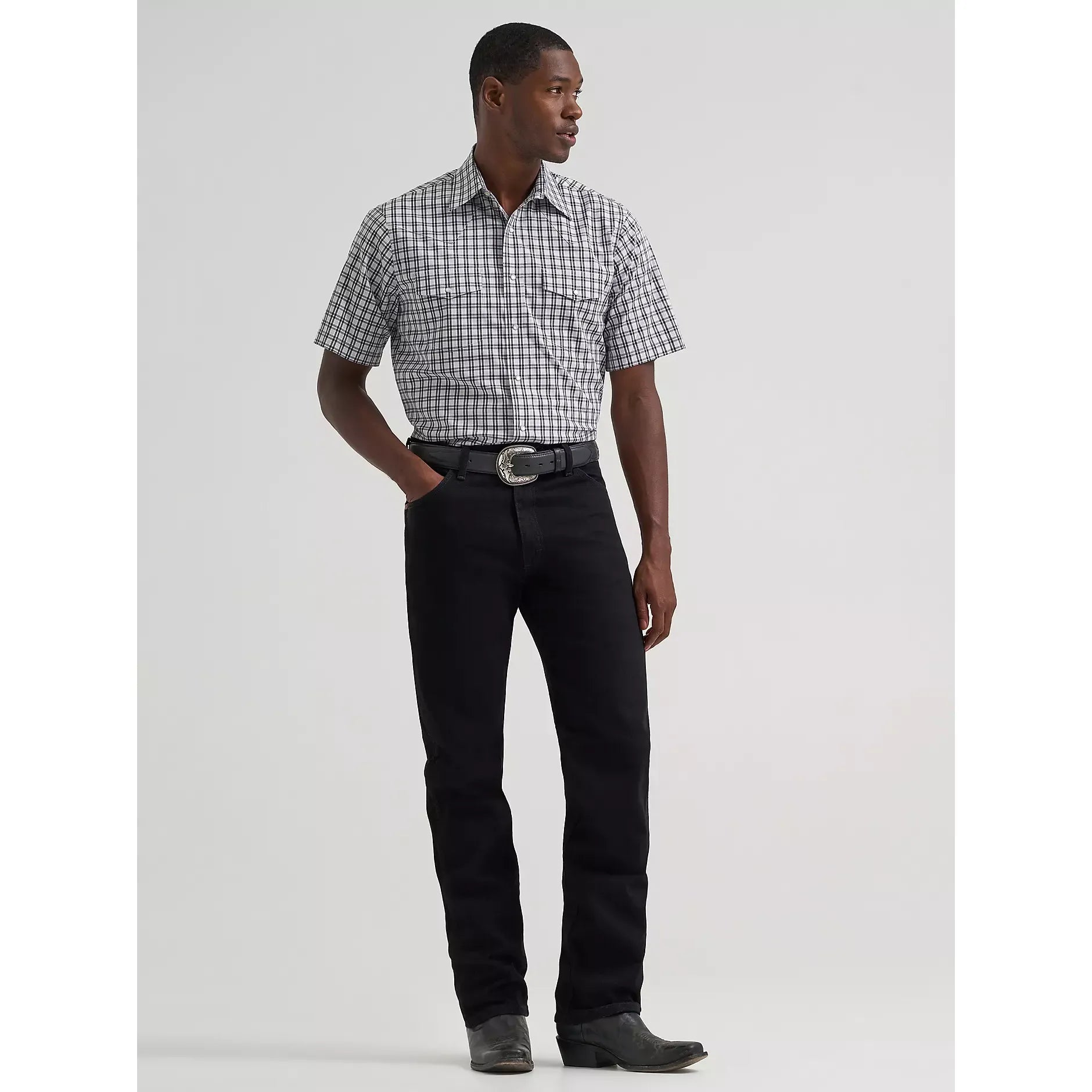 Men's Wrangler Wrinkle Resist Short Sleeve Western Snap Plaid Shirt-Black Window - CWesternwear