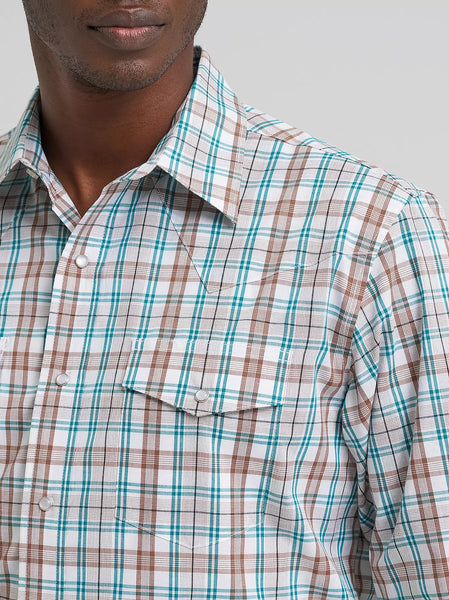Men's Wrangler Wrinkle Resist Long Sleeve Western Snap Plaid Shirt-Turq Plaid - CWesternwear