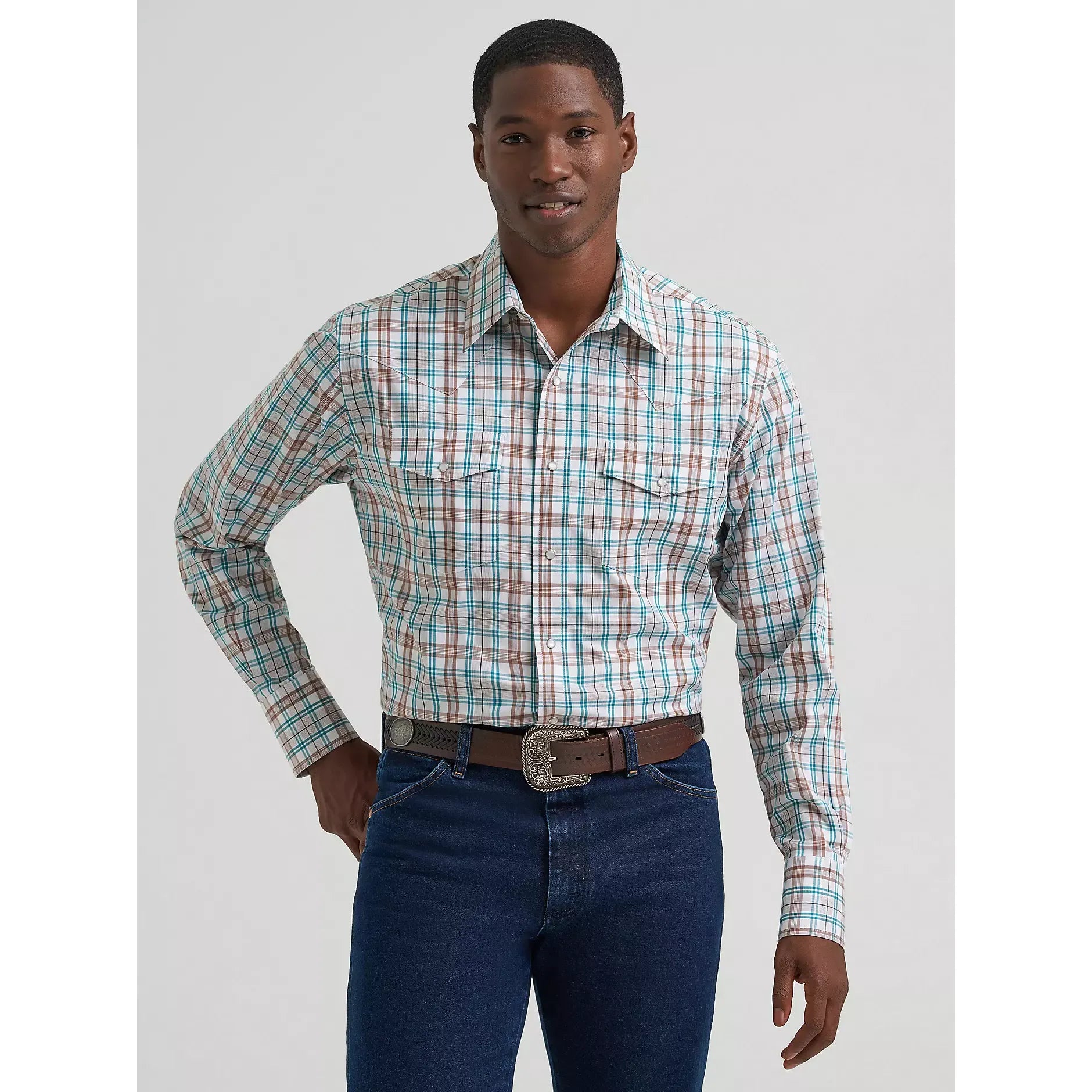 Men's Wrangler Wrinkle Resist Long Sleeve Western Snap Plaid Shirt-Turq Plaid - CWesternwear