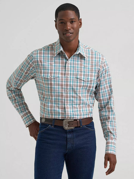 Men's Wrangler Wrinkle Resist Long Sleeve Western Snap Plaid Shirt-Turq Plaid