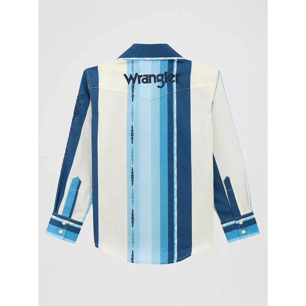 Boy's Wrangler Logo Stripes Western Snap Shirt-Blue Clouds