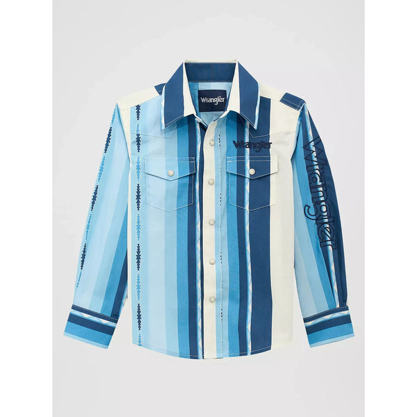 Boy's Wrangler Logo Stripes Western Snap Shirt-Blue Clouds