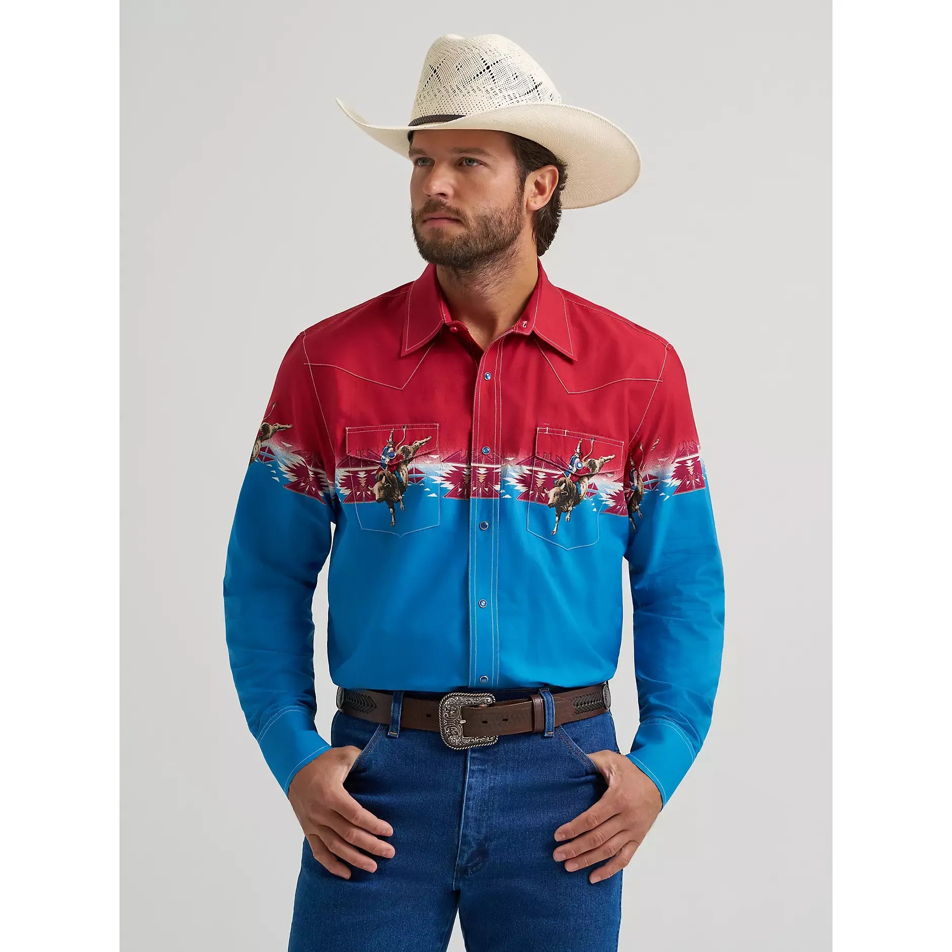 Men's Wrangler Checotah® Long Sleeve Western Snap Horizontal Print Shirt-Dip Dye - CWesternwear