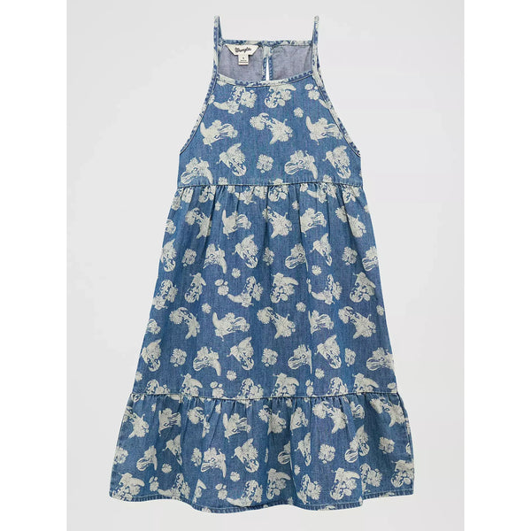 Wrangler Girl's Sleeveless Printed Denim Swing Dress-Floral Blue