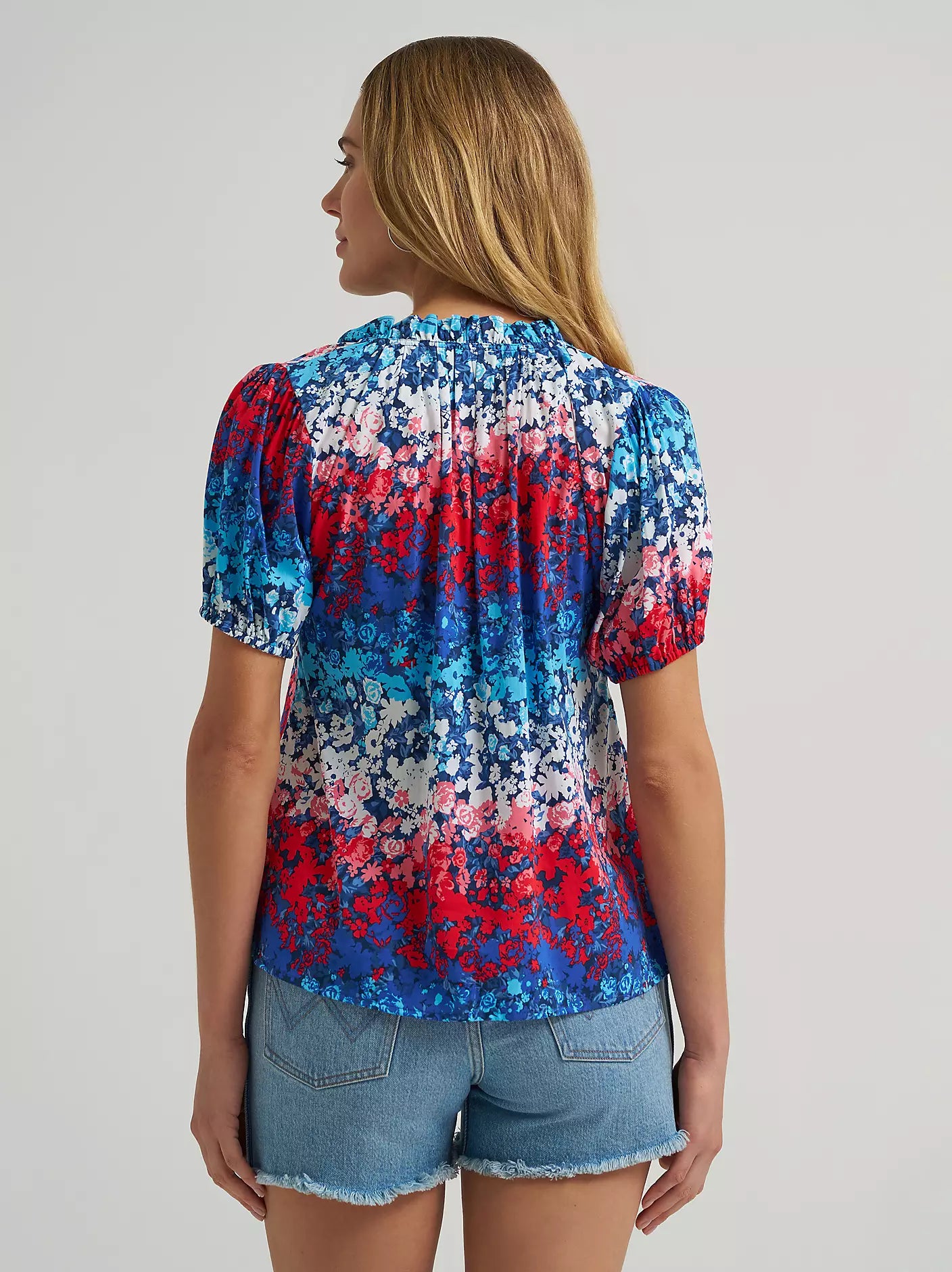 Women's Wrangler Puff Sleeve Mini Button Blouse-Blue - CWesternwear
