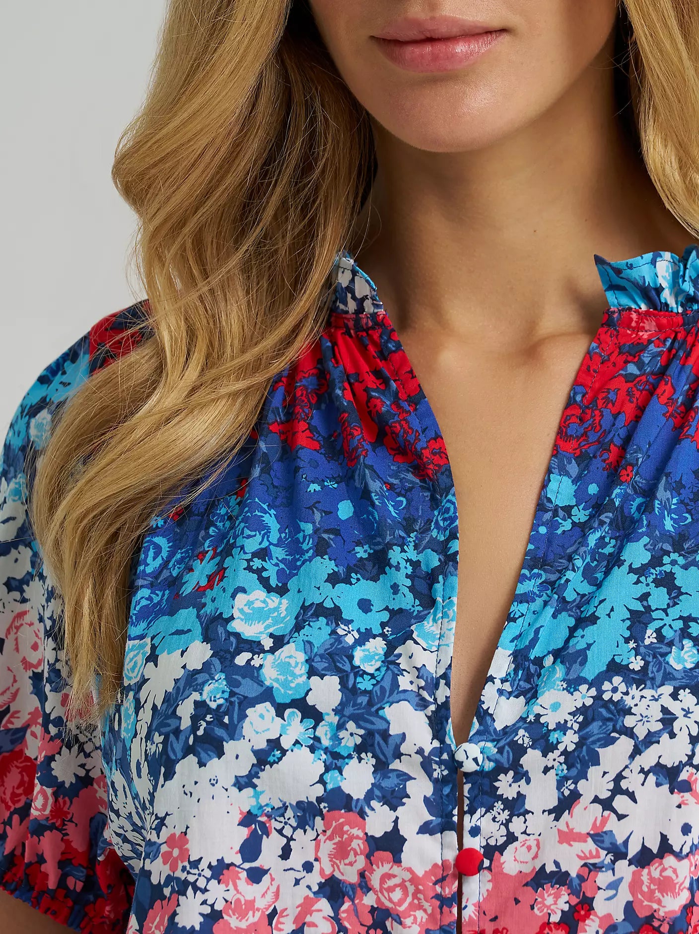 Women's Wrangler Puff Sleeve Mini Button Blouse-Blue - CWesternwear
