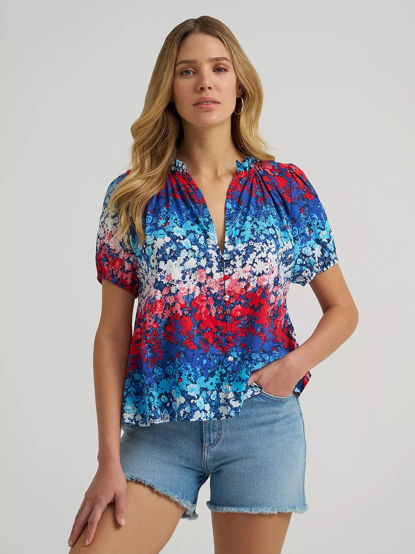 Women's Wrangler Puff Sleeve Mini Button Blouse-Blue - CWesternwear
