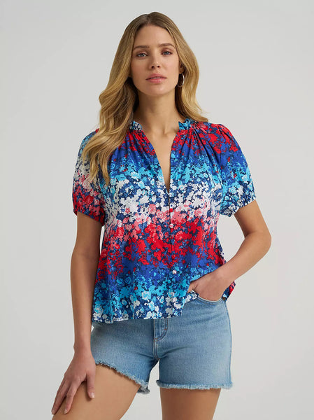 Women's Wrangler Puff Sleeve Mini Button Blouse-Blue