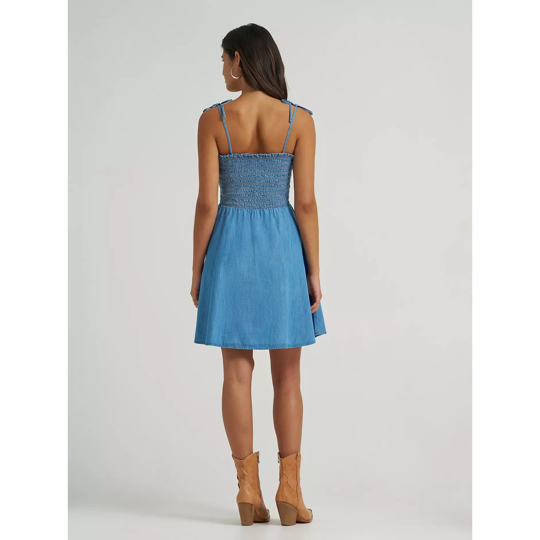 Women's Wrangler Tie Denim Smocked Dress-Mid Denim - CWesternwear