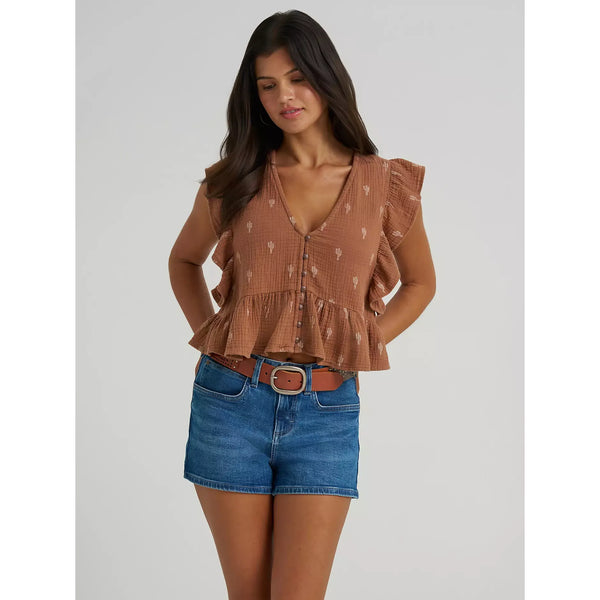 Women's Wrangler Gauzy Flutter Sleeve Blouse-Brown