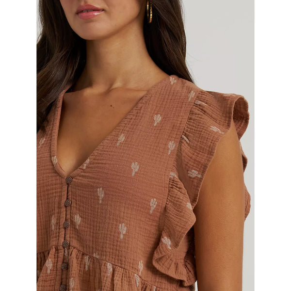 Women's Wrangler Gauzy Flutter Sleeve Blouse-Brown