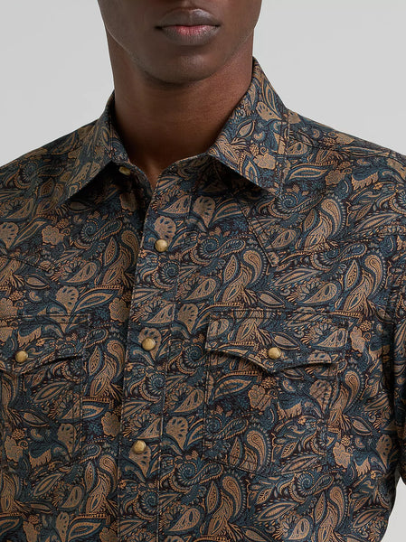Men's Wrangler Retro Premium Long Sleeve Western Snap Printed Shirt-Royal Scroll