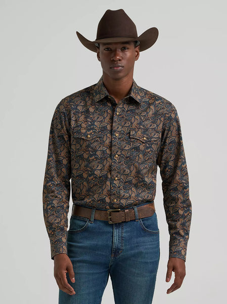 Men's Wrangler Retro Premium Long Sleeve Western Snap Printed Shirt-Royal Scroll