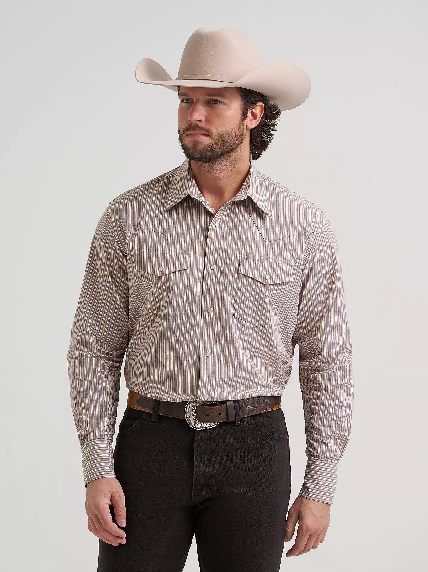 Men's Wrangler Wrinkle Resist Long Sleeve Western Snap Plaid Shirt-Brown