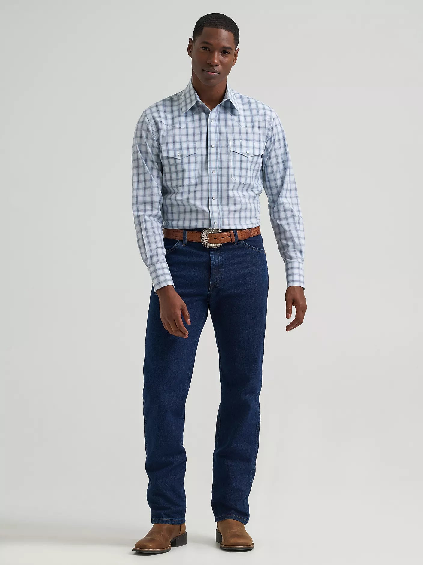 Men's Wrangler Wrinkle Resist Long Sleeve Western Snap Plaid Shirt-Blue Plaid