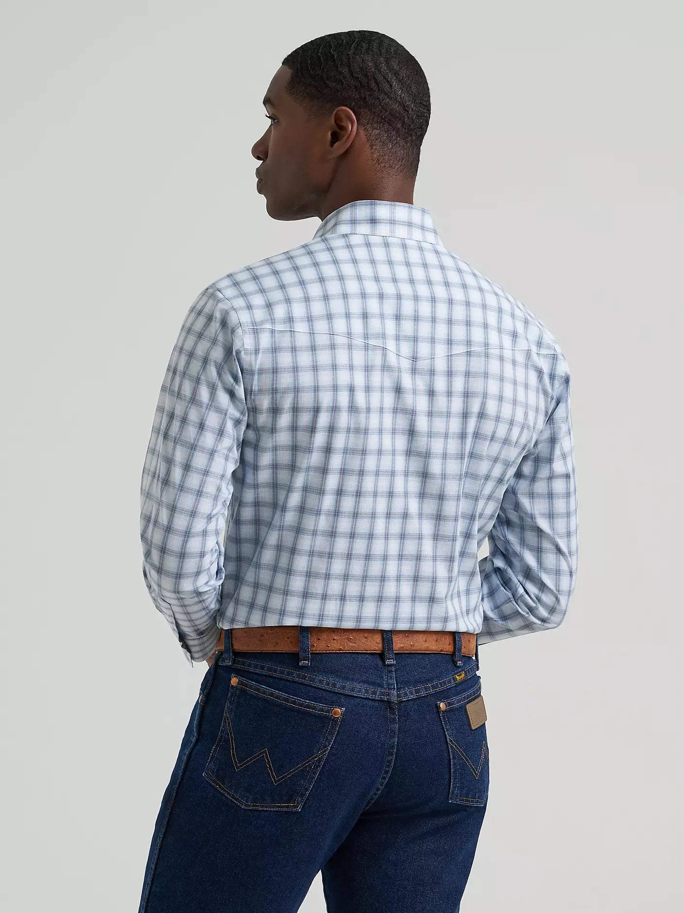 Men's Wrangler Wrinkle Resist Long Sleeve Western Snap Plaid Shirt-Blue Plaid