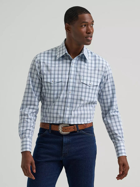 Men's Wrangler Wrinkle Resist Long Sleeve Western Snap Plaid Shirt-Blue Plaid