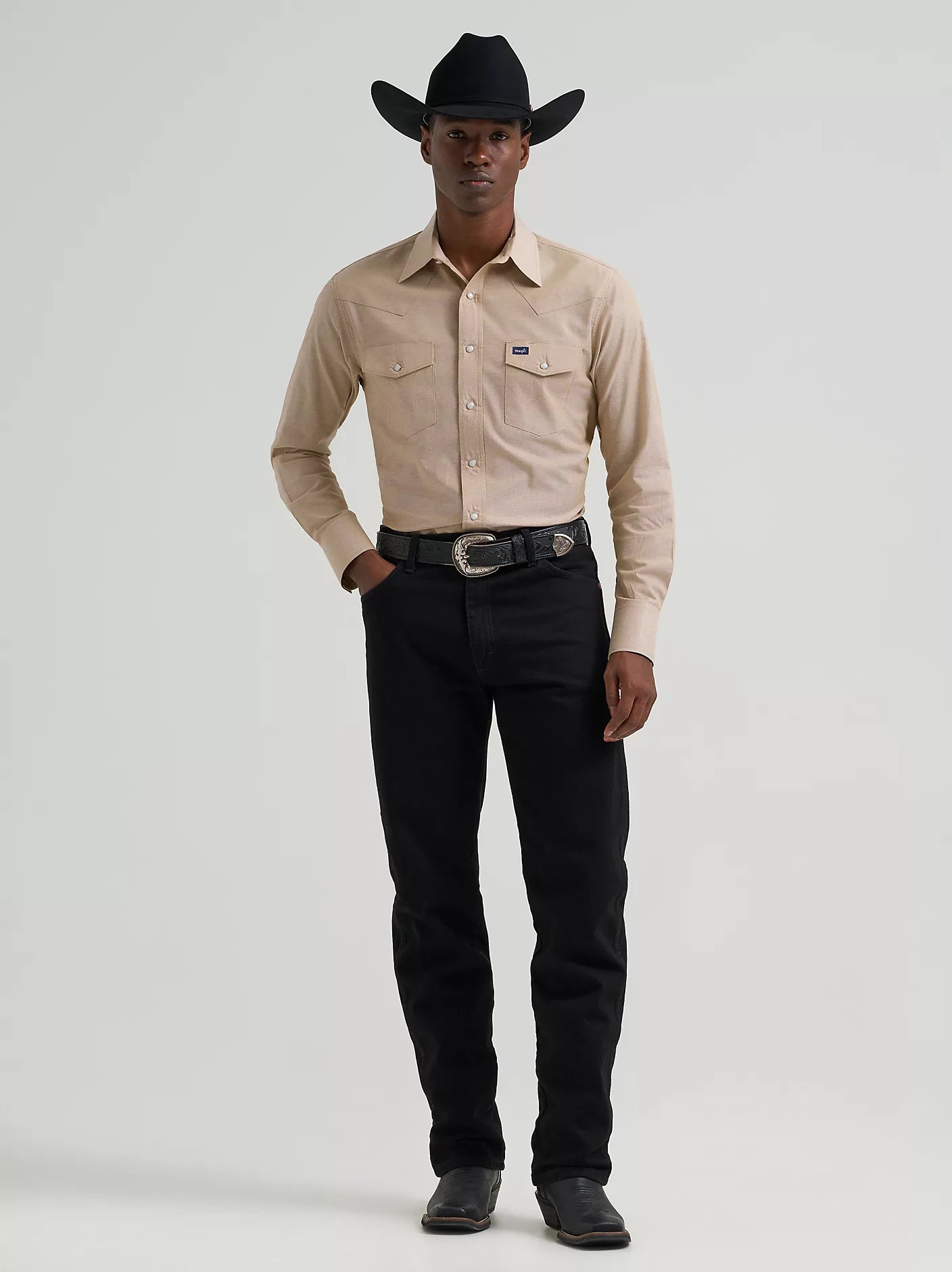 Men's Wrangler Cowboy Cut®  Long Sleeve Western Snap Chambray Work Shirt-Khaki