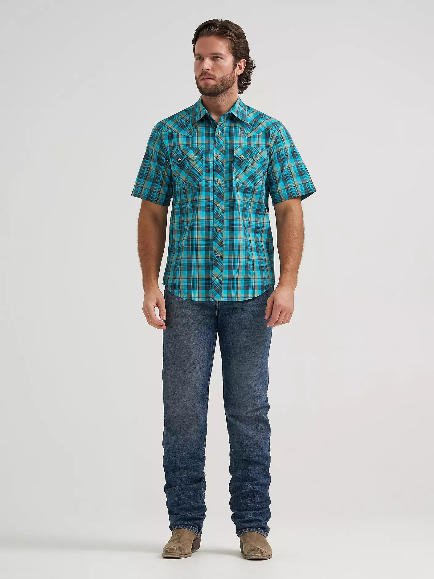 Men's Wrangler Retro Short Sleeve Sawtooth Pocket Western Snap Shirt-Lagoon