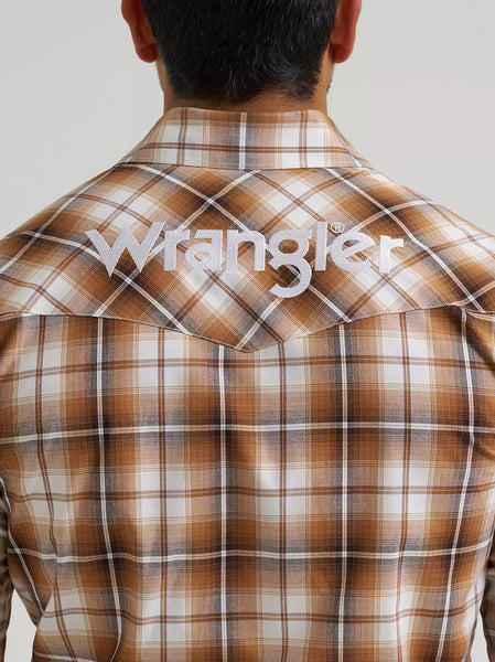 Men's Wrangler Logo Long Sleeve Western Snap Shirt-Sand