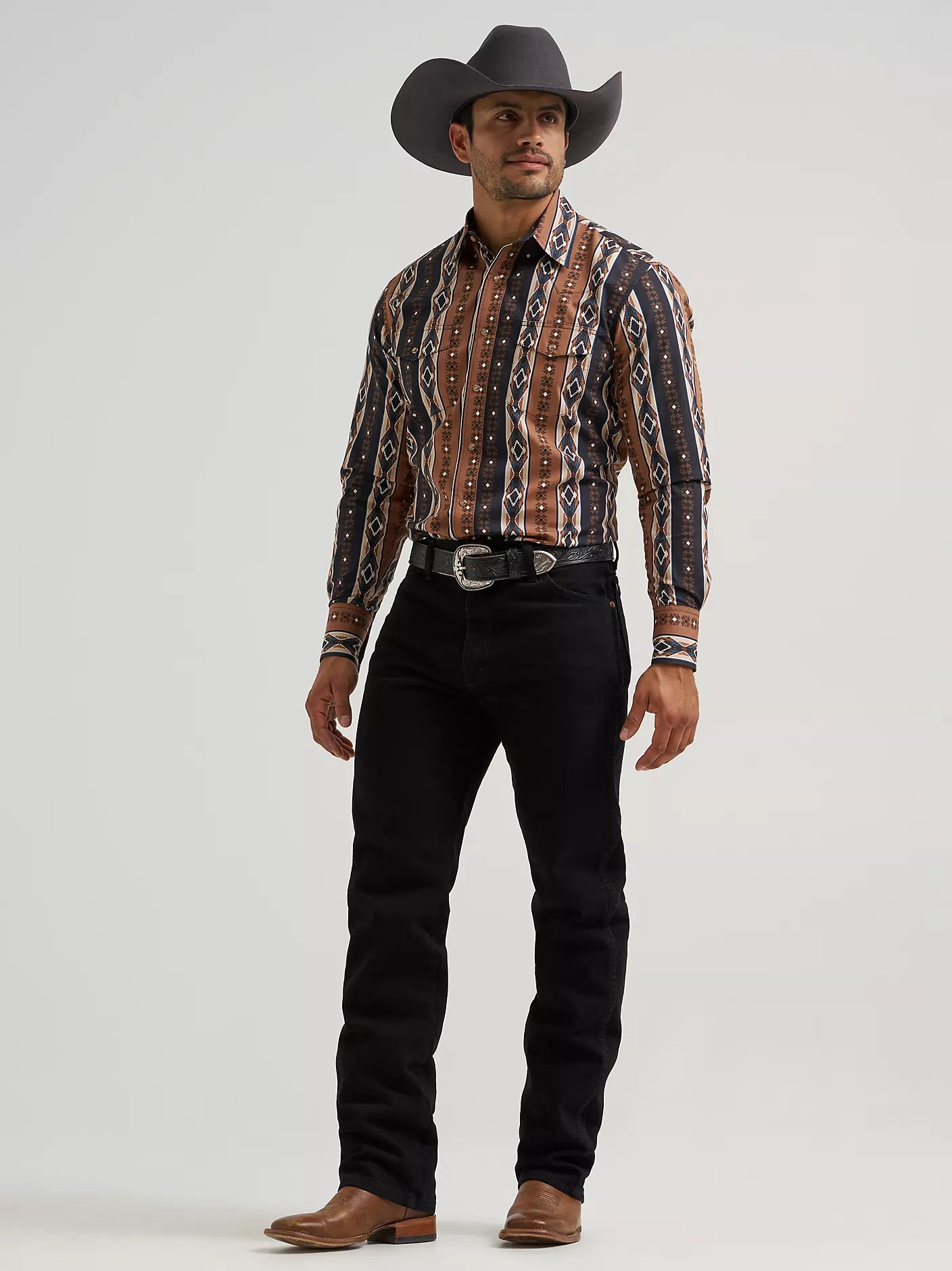 Men's Wrangler Checotah® Long Sleeve Western Snap Printed Shirt-Mocha
